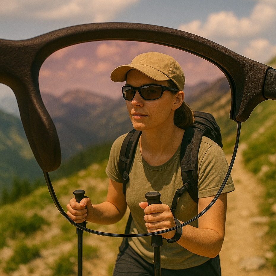 Blick durch Sportbrillenglas: Frau beim Wandern.
